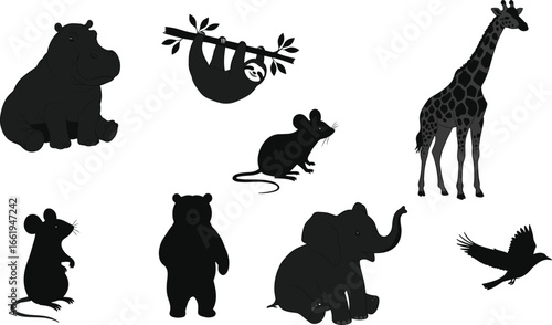 Animal silhouette vector set, wild zoo animals collection including giraffe, elephant, bear, hippo, sloth, bird, mouse, decorative wildlife design illustration