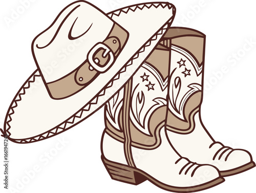 Cowgirl disco boots and hat vector illustration
