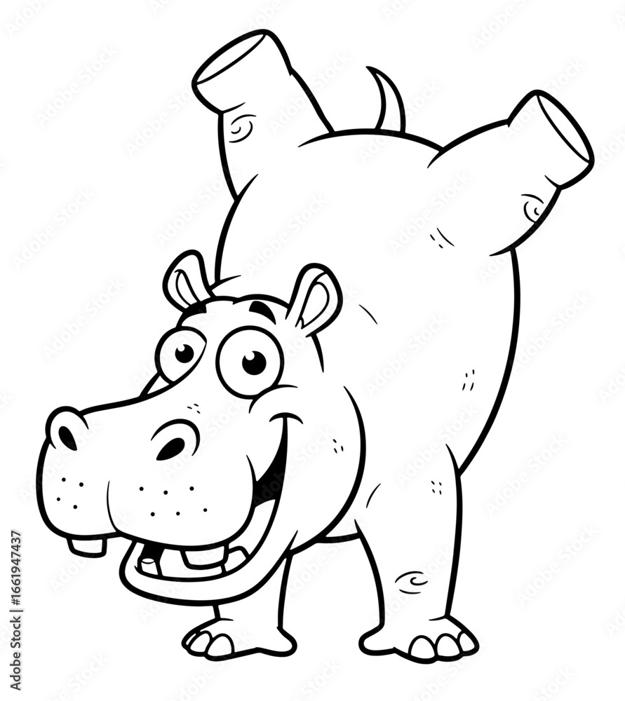 Naklejka premium Cartoon Hippopotamus Performing a Handstand in Black and White Outline