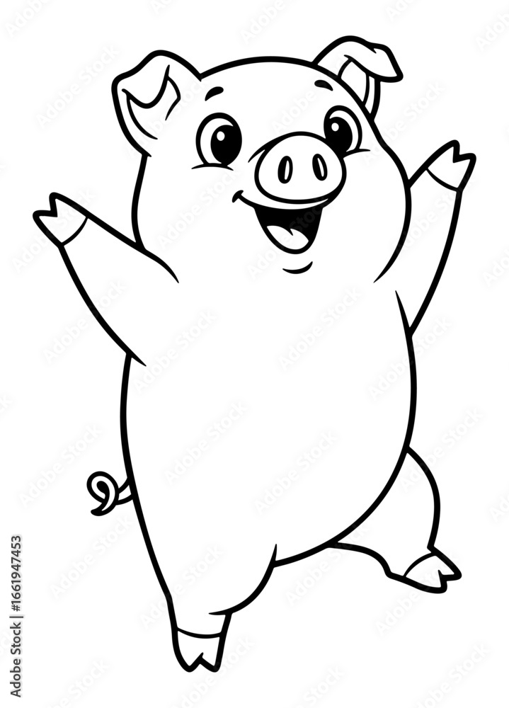 Fototapeta premium Cartoon Pig with Upraised Arms, Black and White Line Art
