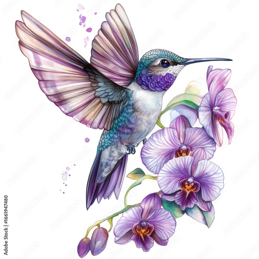 Obraz premium Hummingbird on a branch with purple orchids, isolated on transparent background