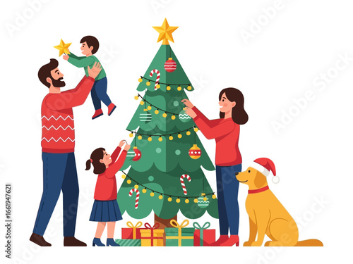 Christmas Decorating Moments: A family comes together in a heartwarming moment, decorating the tree, and creating a scene filled with love and tradition.