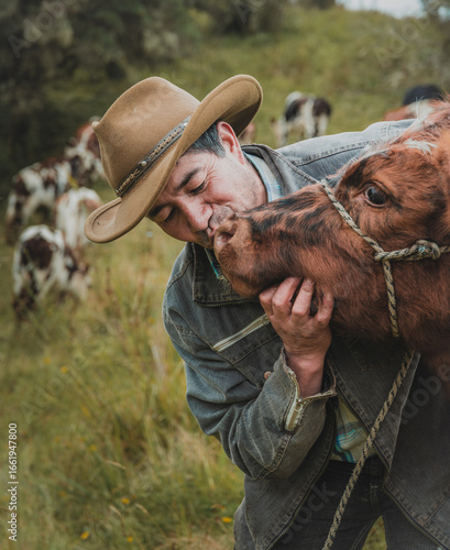Hombre de mediana edad organizando sus vacas en la finca de Toquilla, Boyacá
