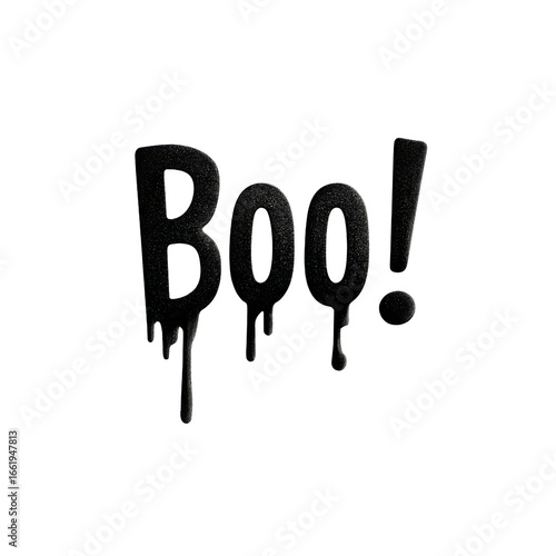 Dripping black text spelling boo with exclamation mark, spooky Halloween style design with eerie effect