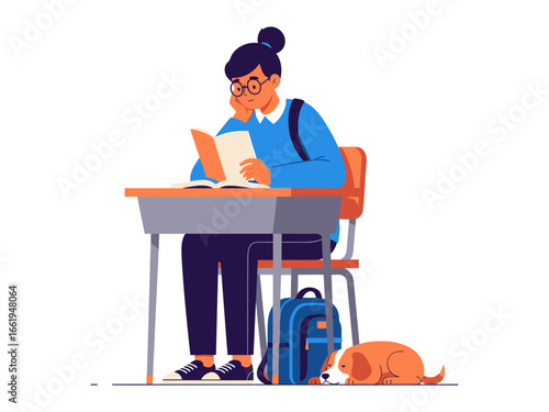 Student Reading with Dog: A student sits diligently at a desk, engrossed in a book, with a loyal canine companion at her feet, painting a picture of dedicated learning and companionship.