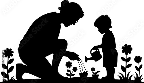 A serene silhouette of a grandparent and grandchild tending to a flower garden