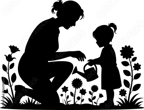 A serene silhouette of a grandparent and grandchild tending to a flower garden