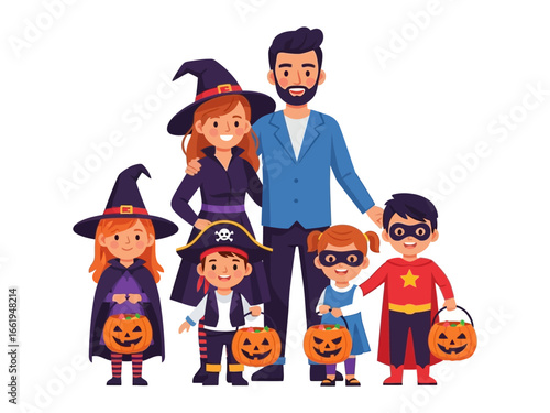 Halloween Family: A cheerful family poses together in Halloween costumes, with pumpkins and festive attire, spreading joy and holiday spirit. 