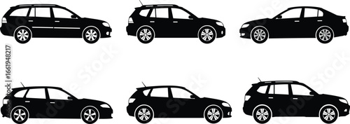 Car silhouette set, vehicle side view, sedan, SUV, automobile icons, transportation, black shape, modern design, automotive vector, car illustration