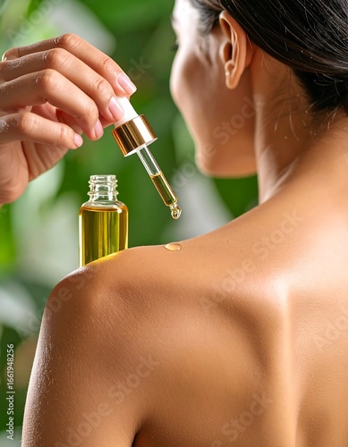 Woman applying oil to shoulder