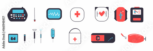 Medical equipment vector icons set featuring glucometer, insulin pump, glucose test strips, lancets, syringe, medical devices for diabetes monitoring and treatment in flat minimalist style