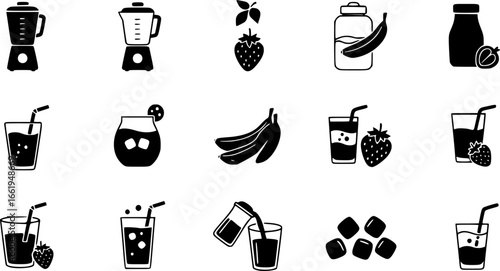 Smoothie ingredients icon set – solid style mixology and beverage symbols for healthy lifestyle: blender, banana, strawberry, ice cubes, glass, juice pour, splash