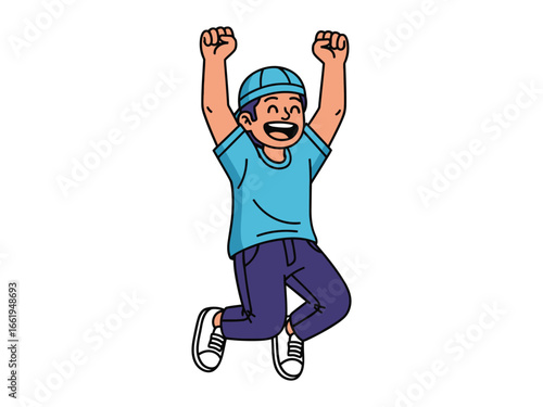 Joyful Leap: Vibrant cartoon depiction of a young man soaring through the air, expressing unrestrained joy and celebration.