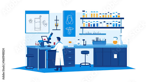 scientist working with microscope in modern medical laboratory with chemical glassware test tubes and scientific equipment flat vector illustration