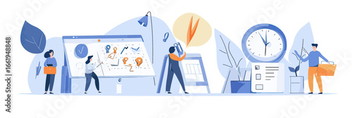 Business team planning project tasks with charts calendar clock time management schedule organization flat vector illustration