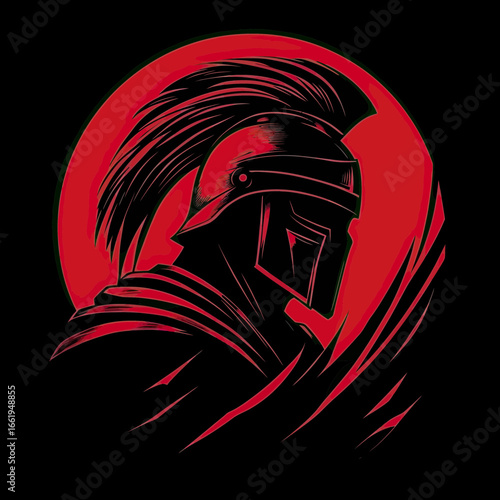 Spartan warrior helmet silhouette profile with plume and armor emblem black and red minimalist vector design on dark background