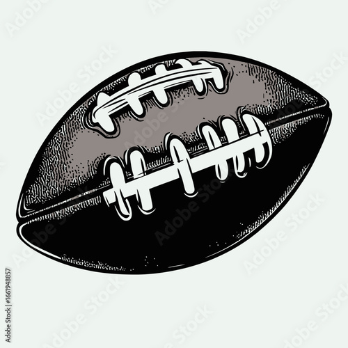 Detailed vintage style black and white American football ball illustration with prominent stitching and textured shading isolated on light background for sports design and athletic themes