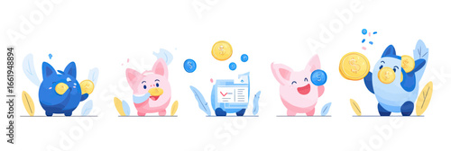 Cute piggy banks and cats saving money with flying coins, financial growth symbols, investment and savings vector illustration in flat minimalist style