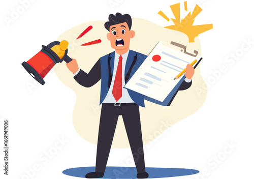 Businessman holding emergency plan clipboard and flashing siren megaphone shouting alert in flat vector illustration of crisis management and business continuity checklist concept