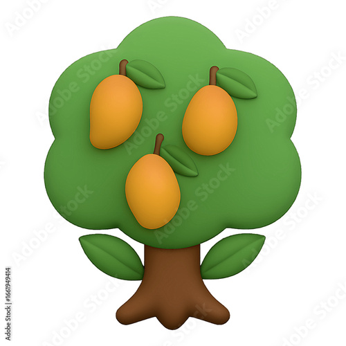 Mango tree 3D emoji plastic icon for tropical fruit orchard yellow mangoes farming agriculture nature growth exotic isolated transparent design element