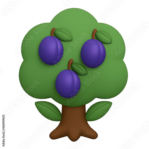 Plum tree 3D emoji plastic icon for summer fruit orchard purple plums farming agriculture nature growth sweetness isolated transparent design element