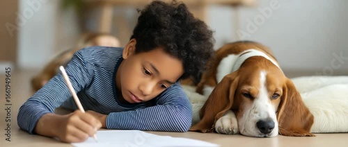 A teenage African American guy and his dog are studying at their kitchen table.