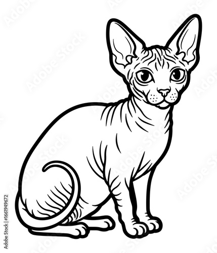 Sphynx Cat Line Art Illustration, Seated and Alert
