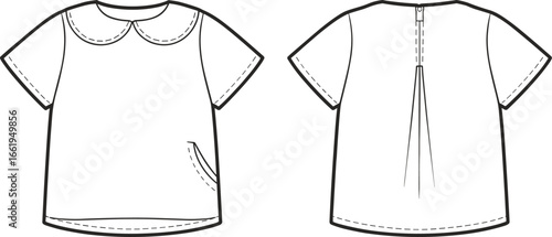 Cad drawing, flat vector illustration, short-sleeve top, Peter Pan collar, back pleat, fashion sketch, garment template, sewing pattern, apparel design
