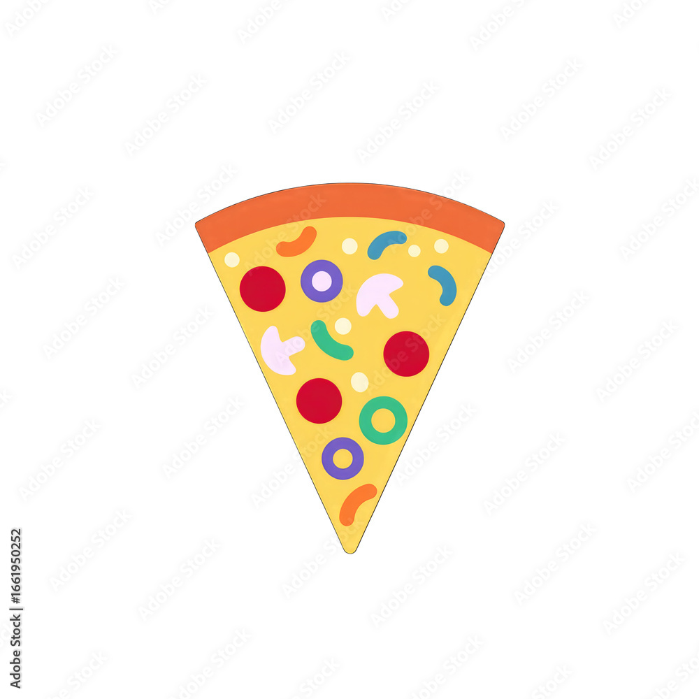 Pizza slice icon, simple flat menu icon, colorful toppings, white background Pizza slice icon, simple flat menu icon, colorful toppings, white background