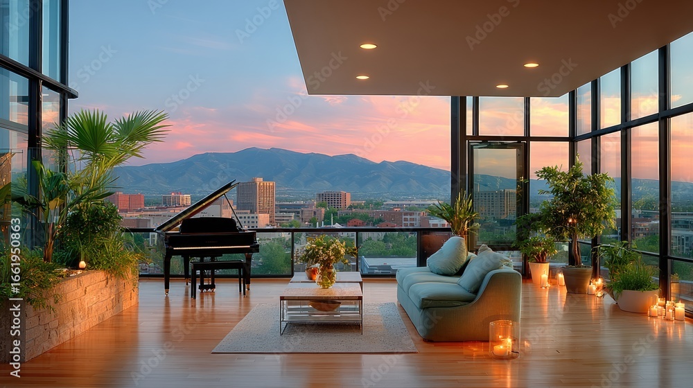 Fototapeta premium Sophisticated penthouse living area featuring floor-to-ceiling glass walls, a grand piano, designer furniture, and a breathtaking mountain view, soft diffused lighting