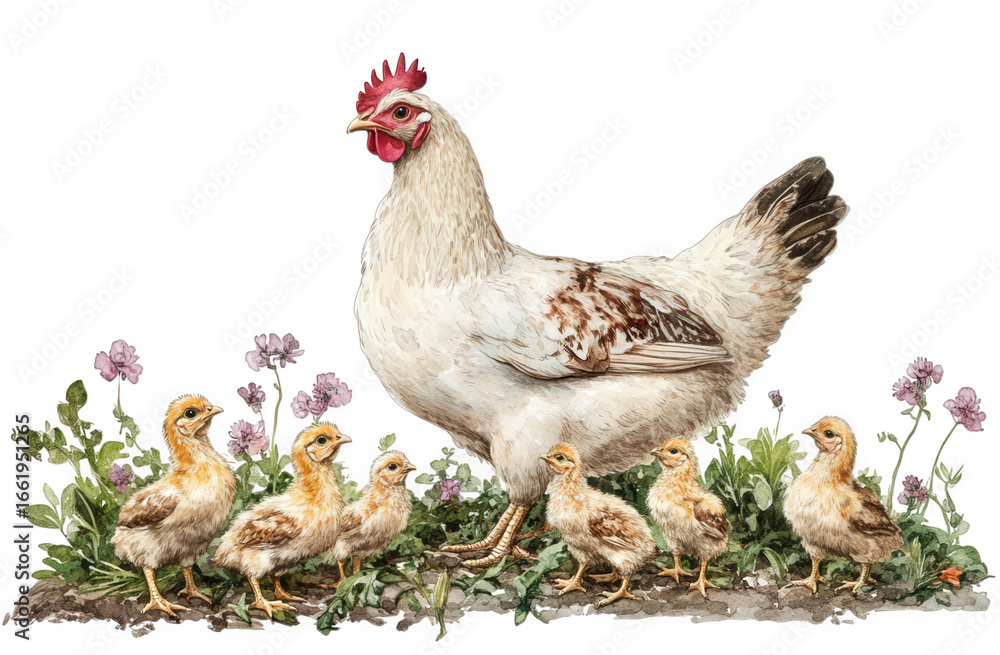 Fototapeta premium White hen with her chicks in the grass with flowers, isolated on transparent background