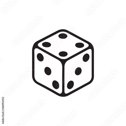 Isolated black and white illustration of a die showing the faces with five four and six dots on them.