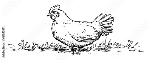 chicken hen standing on grass hand drawn vector sketch illustration