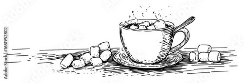 hot chocolate with marshmallows in cup on saucer, hand drawn vintage engraving style illustration, black and white sketch for engraving or laser cutting