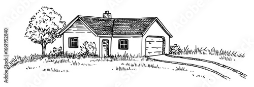 country house sketch engraving style black and white illustration for laser cutting and vintage design
