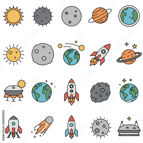 Space Exploration Icons: Rockets, Planets, and Stars