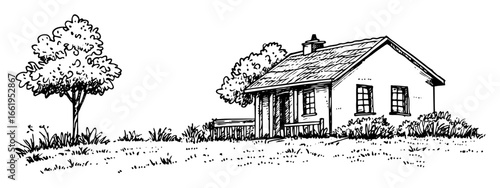 old countryside house with trees, hand drawn vintage engraving style illustration, black and white sketch for engraving or laser cutting