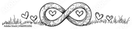 hand drawn infinity symbol with hearts in grass