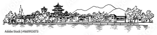 traditional asian water town panoramic sketch illustration