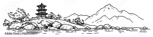 asian landscape with pagoda on lake hand drawn sketch