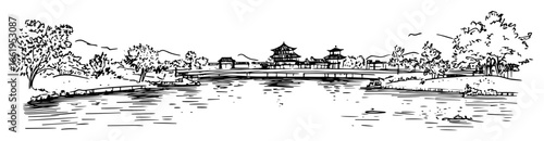 serene pagoda lake panorama black and white vector illustration