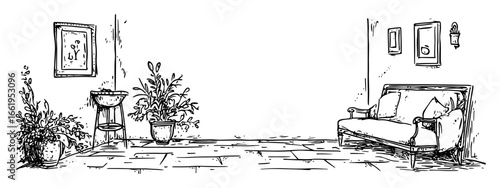 hand drawn living room with potted plants and sofa