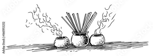 incense sticks burning in ceramic pots hand drawn vector sketch illustration