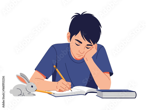 Young Student in Thoughtful Study: A young student concentrates on writing in his notebook, accompanied by a small pet rabbit, as he immerses himself in the world of knowledge.