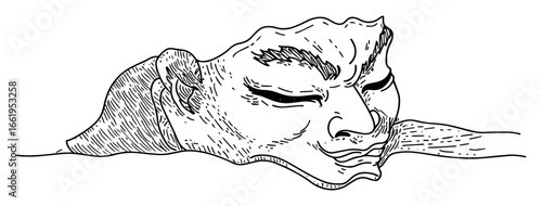 sleeping ogre head emerging from ground hand drawn vector sketch illustration
