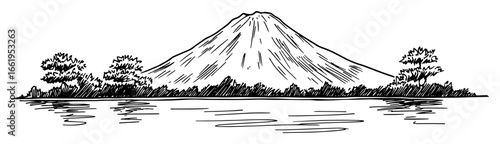 mount fuji landscape with lake reflection hand drawn vector sketch illustration