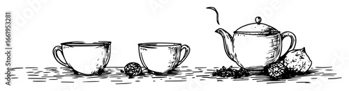 teapot and cups with lemon black and white vector illustration