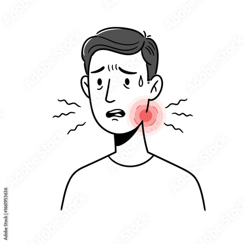 Man with toothache in a simple vector linear illustration featuring a monochromatic color palette