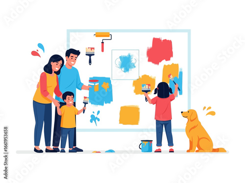 Family Fun with Paint: A vibrant scene of a family enthusiastically painting together, creating a dynamic and joyful atmosphere of shared creativity and familial bond.