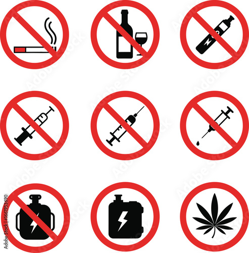 Prohibited Signs Icon Set - No Smoking, Alcohol, Vaping, Syringe, Cannabis